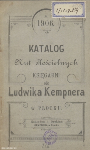 Catalog of church sheet music of the Ludwik Kempner bookshop in Płock (cover), 1906
